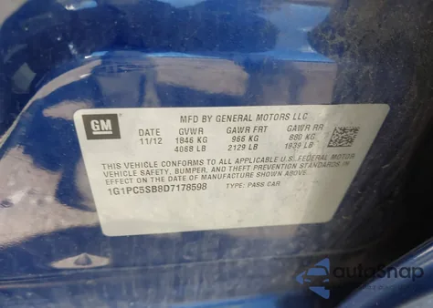 2013 Chevrolet Cruze 1Lt Auto z USA, uszkodzony, nr VIN 1G1PC5SB8D7178598